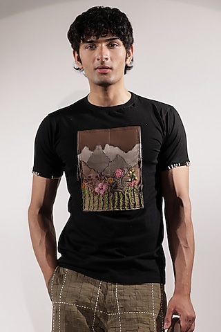 Black Cotton Embroidered T-Shirt by Jubinav Chadha Men