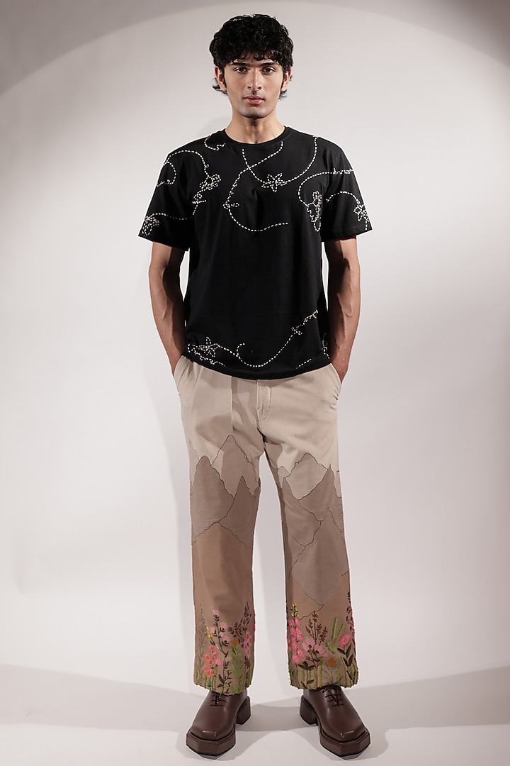 Black Cotton Kantha Embroidered T-Shirt by Jubinav Chadha Men at Pernia's Pop Up Shop