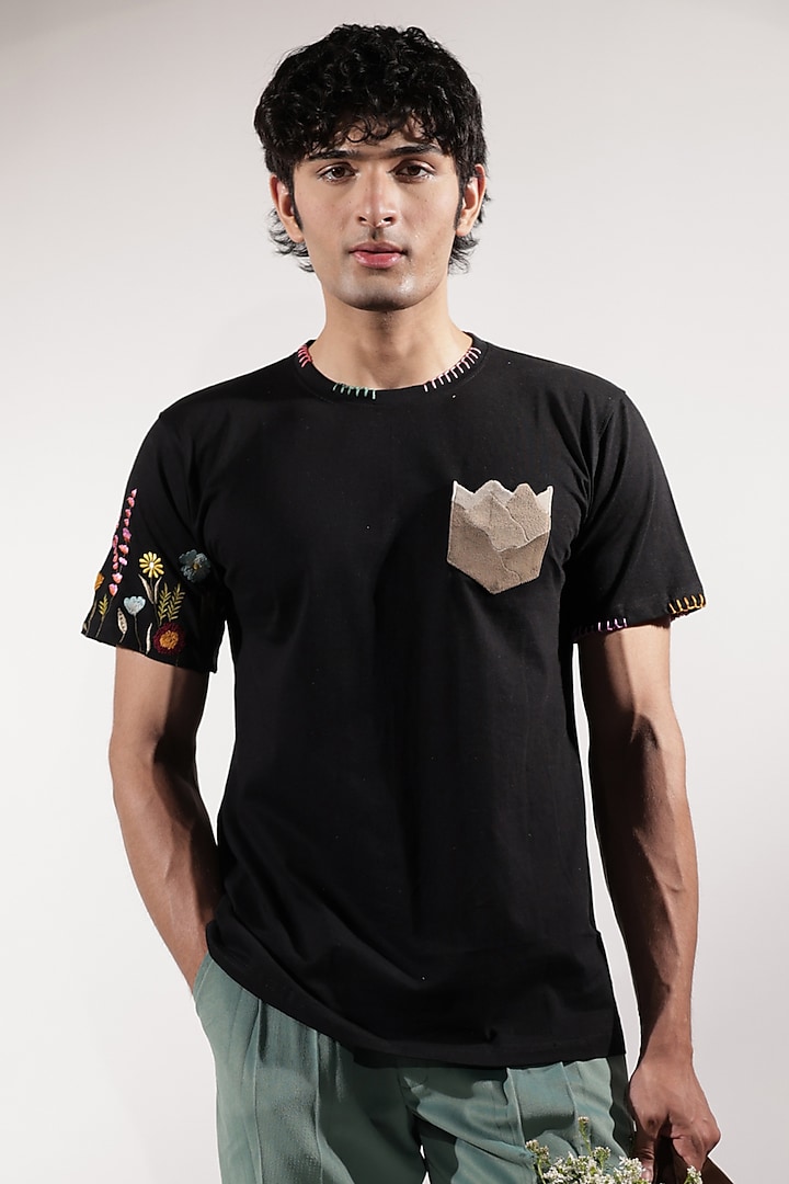 Black Cotton Floral Embroidered T-Shirt by Jubinav Chadha Men at Pernia's Pop Up Shop