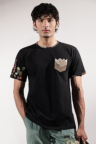 Black Cotton Floral Embroidered T-Shirt by Jubinav Chadha Men