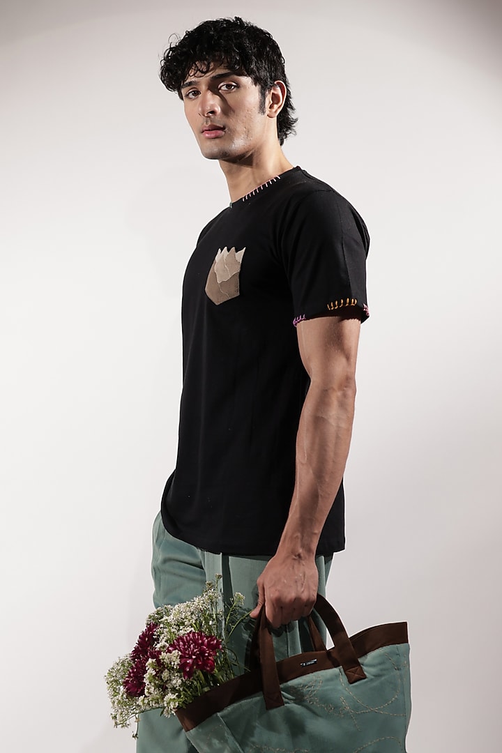 Black Cotton Floral Embroidered T-Shirt by Jubinav Chadha Men at Pernia's Pop Up Shop