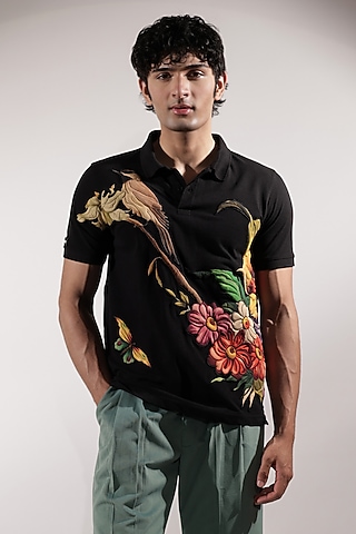 Black Cotton Patchwork Polo T-Shirt by Jubinav Chadha Men