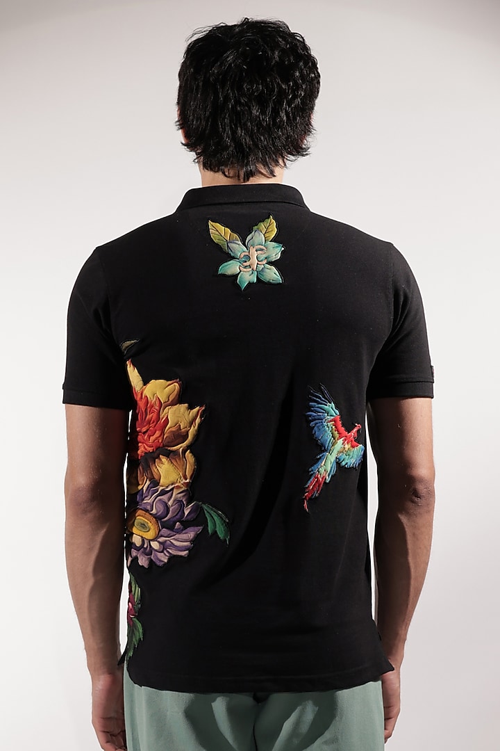 Black Cotton Patchwork Polo T-Shirt by Jubinav Chadha Men at Pernia's Pop Up Shop