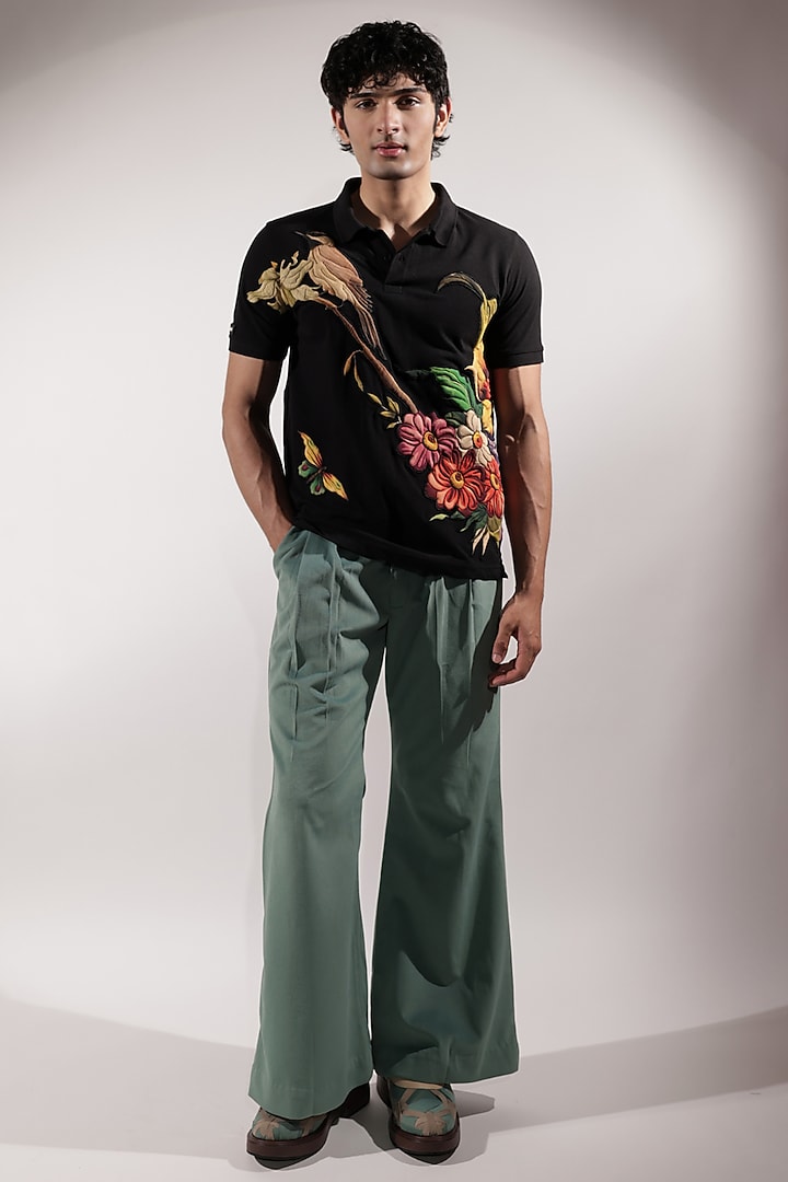 Black Cotton Patchwork Polo T-Shirt by Jubinav Chadha Men at Pernia's Pop Up Shop