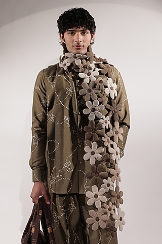 Beige & Brown Suede Floral Motifs Scarf by Jubinav Chadha Men