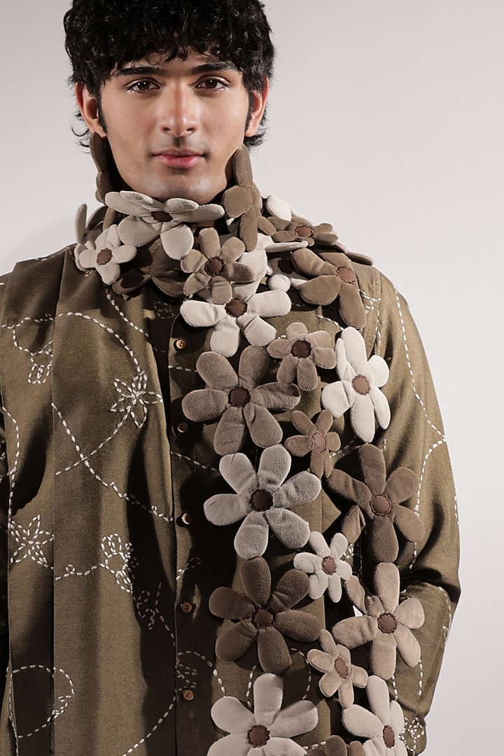 Beige & Brown Suede Floral Motifs Scarf by Jubinav Chadha Men at Pernia's Pop Up Shop