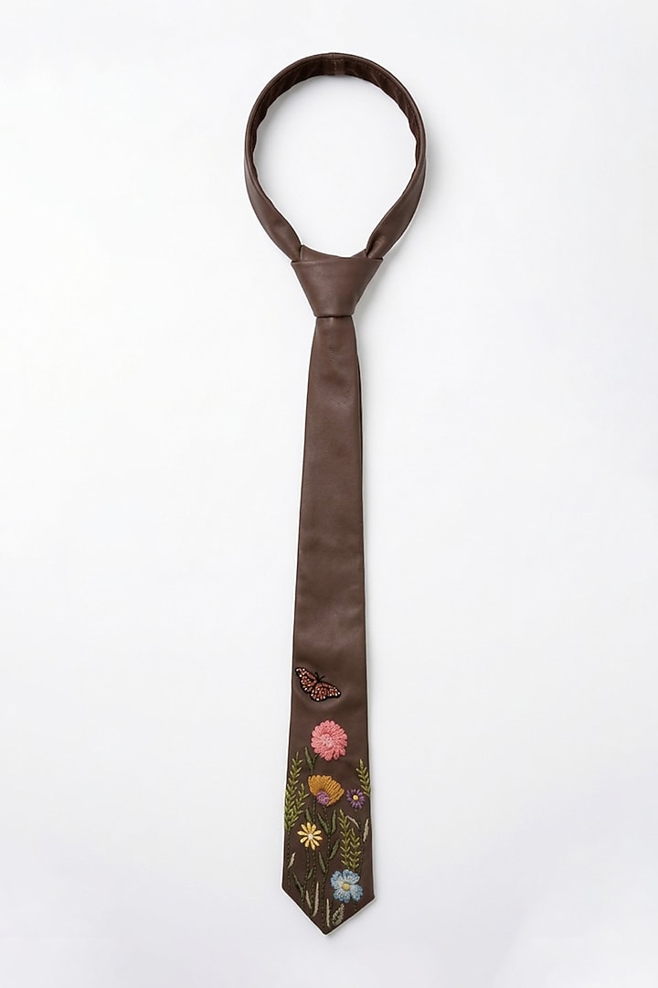 Brown Leatherette Embroidered Tie by Jubinav Chadha Men at Pernia's Pop Up Shop