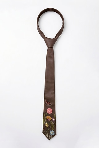 Brown Leatherette Embroidered Tie by Jubinav Chadha Men