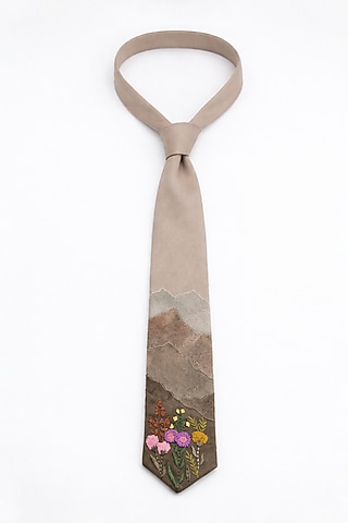 Beige Suede Embroidered Tie by Jubinav Chadha Men
