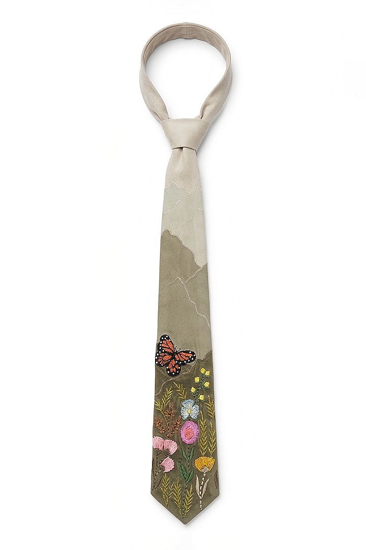 Beige Suede Embroidered Tie by Jubinav Chadha Men at Pernia's Pop Up Shop
