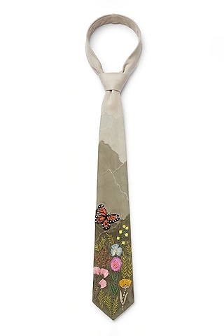 Beige Suede Embroidered Tie by Jubinav Chadha Men