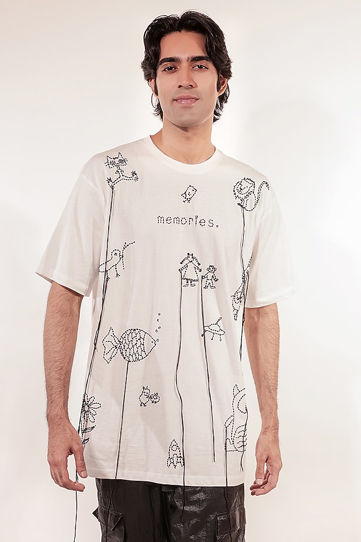 White Cotton Hand Embroidered T-Shirt by Jubinav Chadha Men