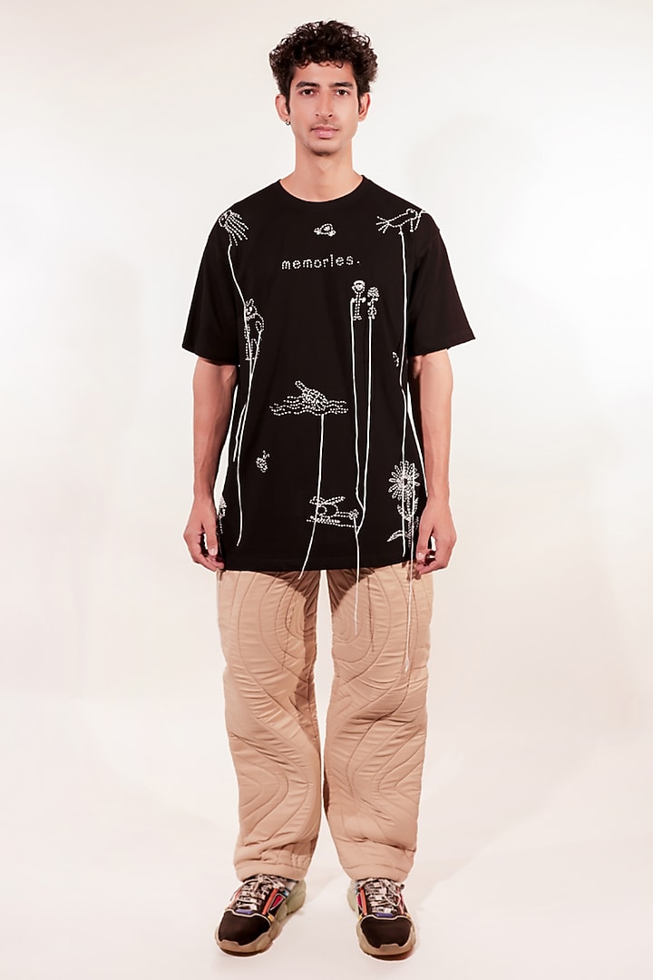Black Cotton Hand Embroidered T-Shirt by Jubinav Chadha Men at Pernia's Pop Up Shop