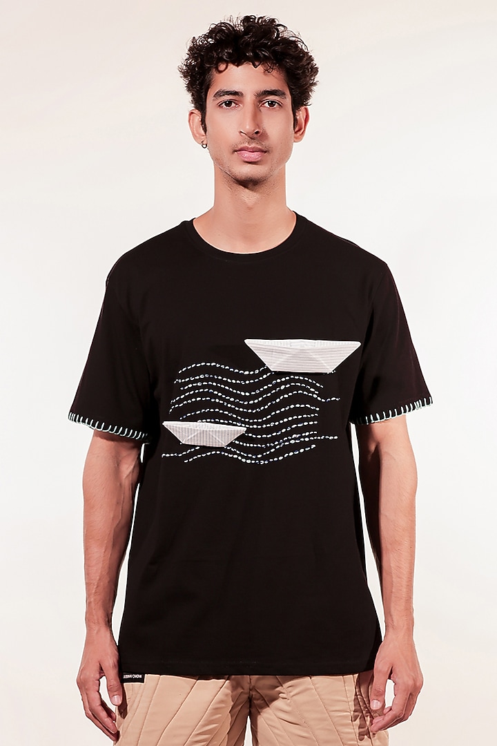 Black Cotton Hand Embroidered T-Shirt by Jubinav Chadha Men