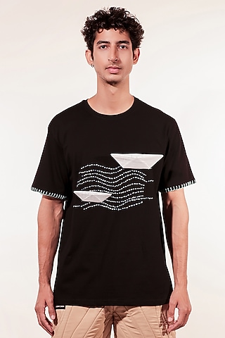 Black Cotton Hand Embroidered T-Shirt by Jubinav Chadha Men