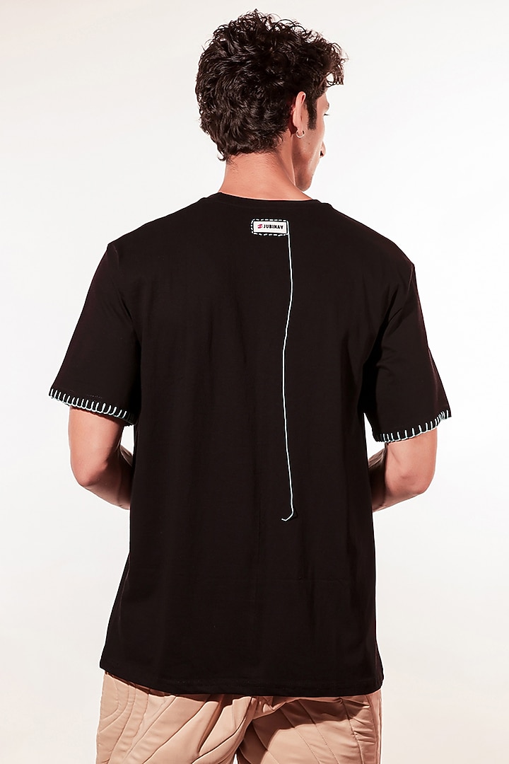 Black Cotton Hand Embroidered T-Shirt by Jubinav Chadha Men at Pernia's Pop Up Shop