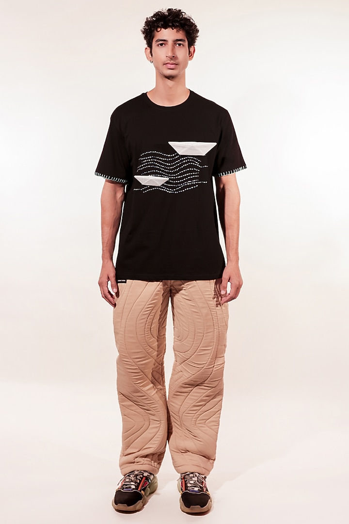 Black Cotton Hand Embroidered T-Shirt by Jubinav Chadha Men at Pernia's Pop Up Shop
