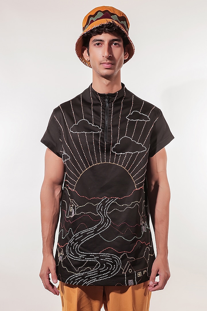 Black Cotton Lycra Hand Embroidered Wedding Shirt by Jubinav Chadha Men at Pernia's Pop Up Shop
