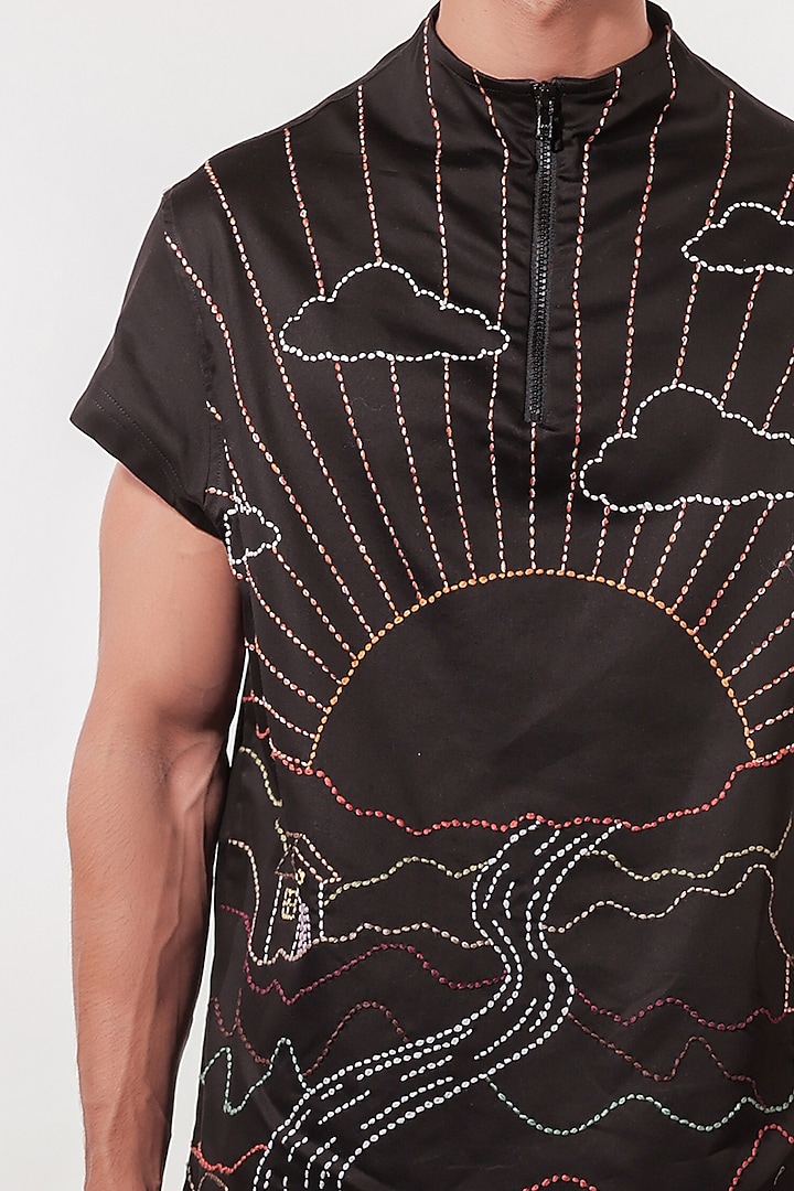 Black Cotton Lycra Hand Embroidered Wedding Shirt by Jubinav Chadha Men at Pernia's Pop Up Shop