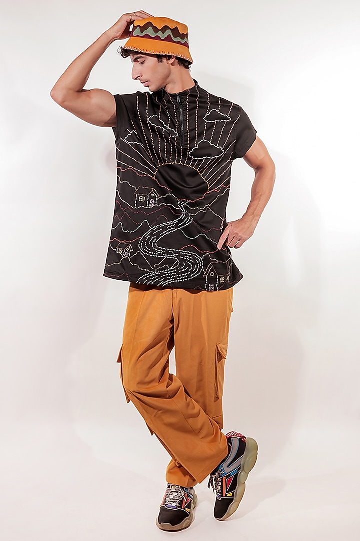 Black Cotton Lycra Hand Embroidered Wedding Shirt by Jubinav Chadha Men at Pernia's Pop Up Shop