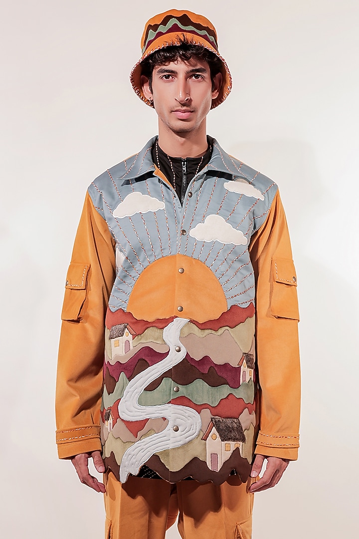 Mustard Yellow  Suede Hand Embroidered Jacket by Jubinav Chadha Men
