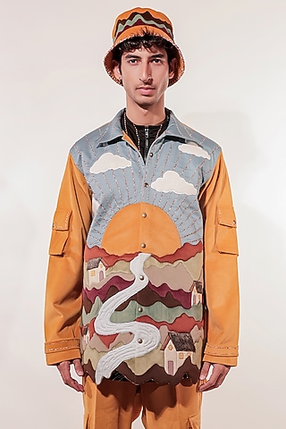Mustard Yellow  Suede Hand Embroidered Jacket by Jubinav Chadha Men