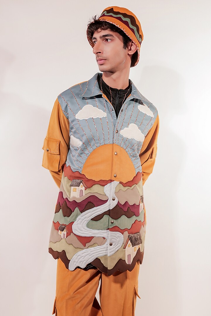 Mustard Yellow Suede Hand Embroidered Jacket by Jubinav Chadha Men at Pernia's Pop Up Shop