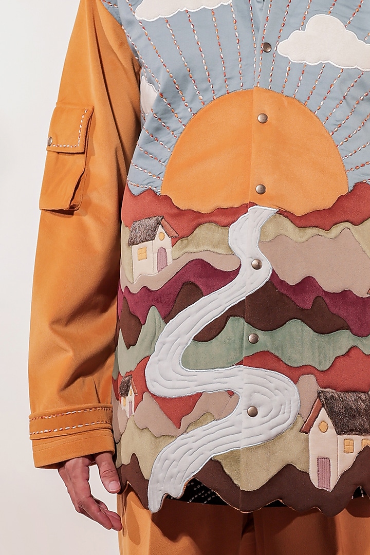 Mustard Yellow Suede Hand Embroidered Jacket by Jubinav Chadha Men at Pernia's Pop Up Shop