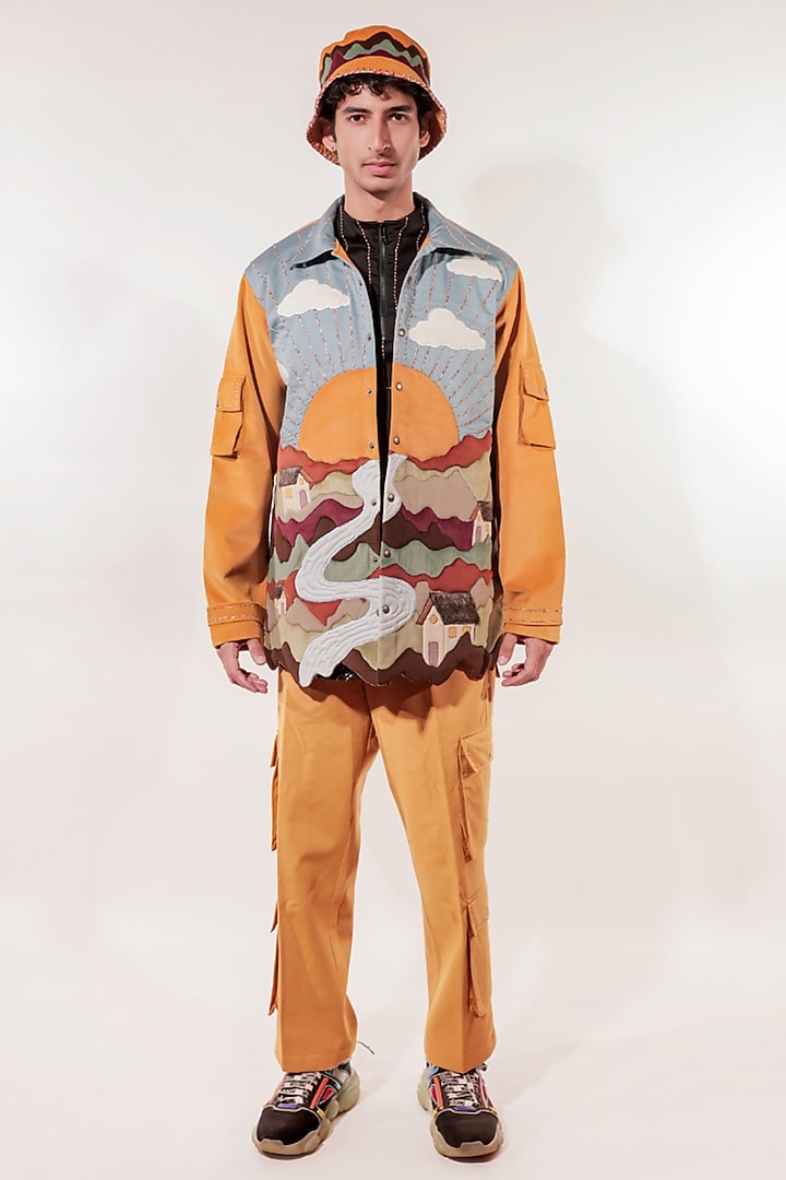 Mustard Yellow Suede Hand Embroidered Jacket by Jubinav Chadha Men at Pernia's Pop Up Shop
