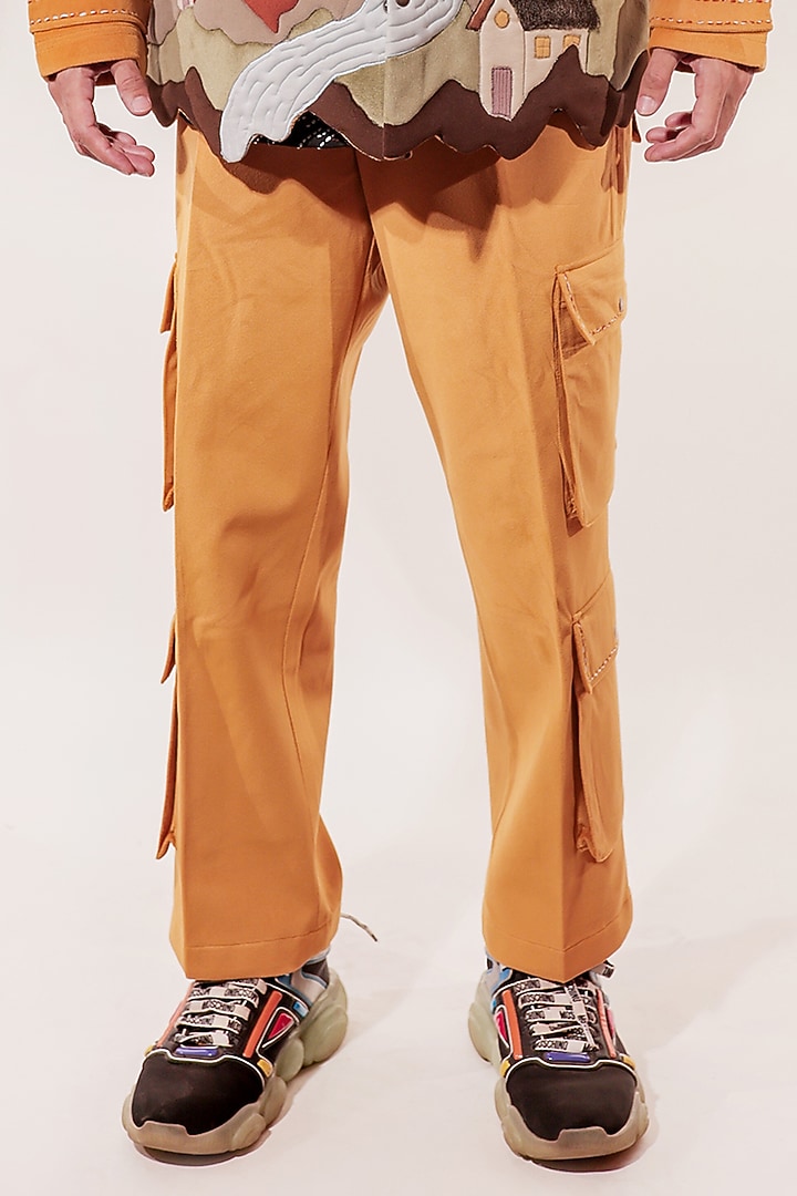 Mustard Yellow Suede Cargo Pants by Jubinav Chadha Men at Pernia's Pop Up Shop