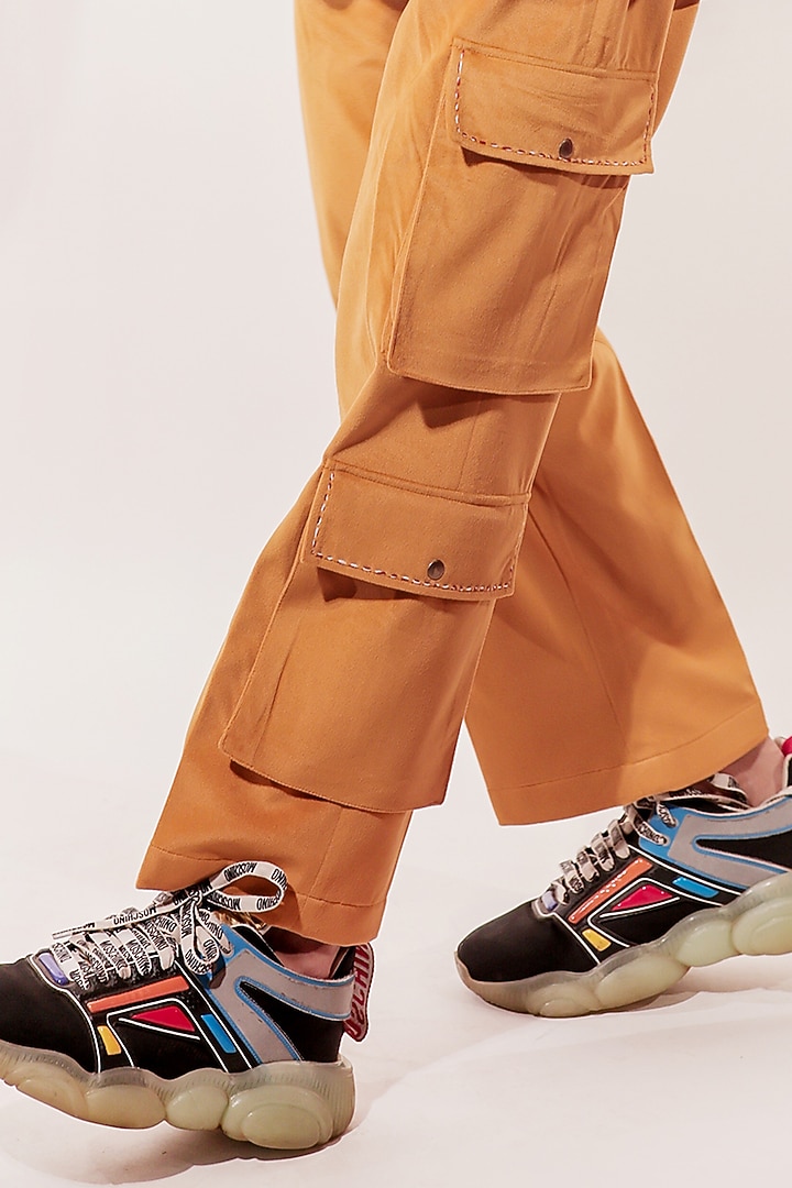 Mustard Yellow Suede Cargo Pants by Jubinav Chadha Men at Pernia's Pop Up Shop