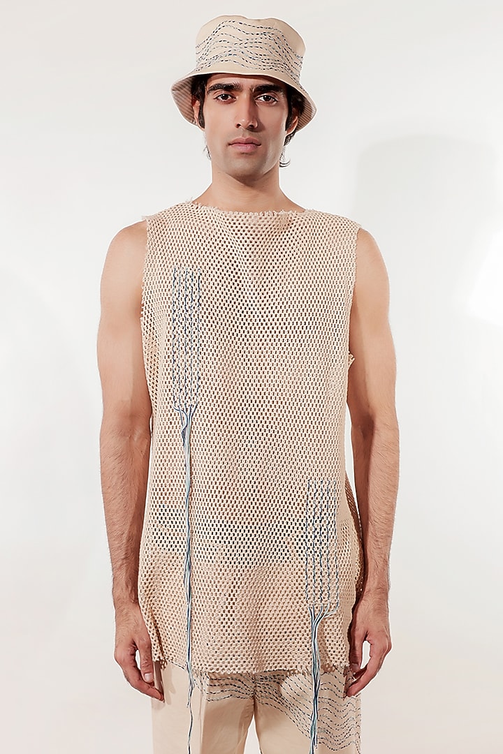 Cream Crochet Thread Embroidered Vest by Jubinav Chadha Men