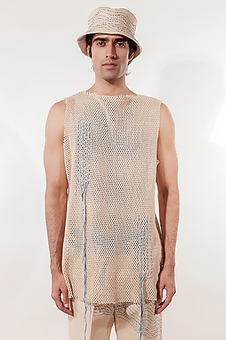 Cream Crochet Thread Embroidered Vest by Jubinav Chadha Men