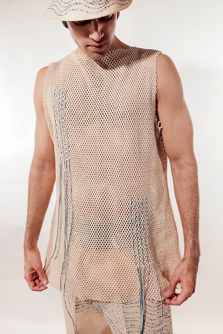 Cream Crochet Thread Embroidered Vest by Jubinav Chadha Men at Pernia's Pop Up Shop