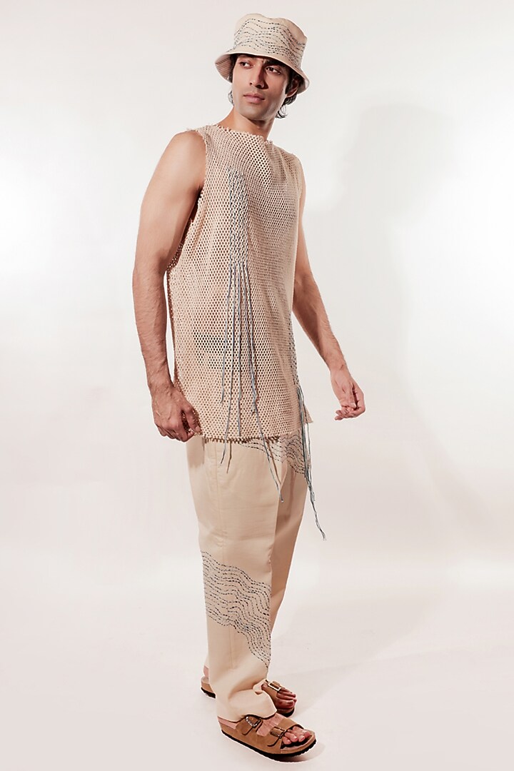 Cream Crochet Thread Embroidered Vest by Jubinav Chadha Men at Pernia's Pop Up Shop