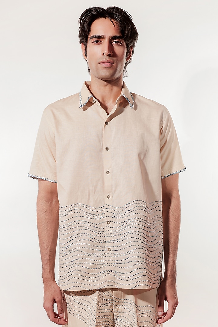 Cream Linen Hand Embroidered Wedding Shirt by Jubinav Chadha Men at Pernia's Pop Up Shop