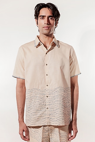 Cream Linen Hand Embroidered Shirt by Jubinav Chadha Men