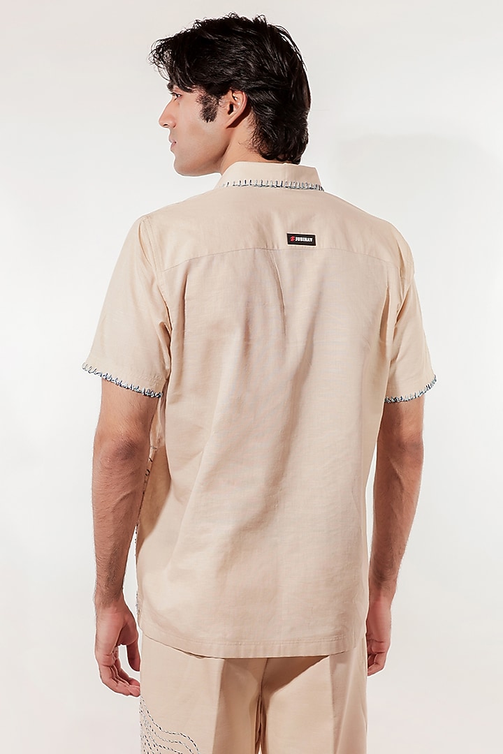 Cream Linen Hand Embroidered Wedding Shirt by Jubinav Chadha Men at Pernia's Pop Up Shop
