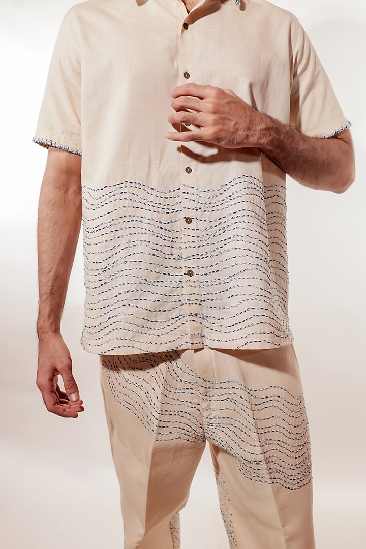 Cream Linen Hand Embroidered Wedding Shirt by Jubinav Chadha Men at Pernia's Pop Up Shop