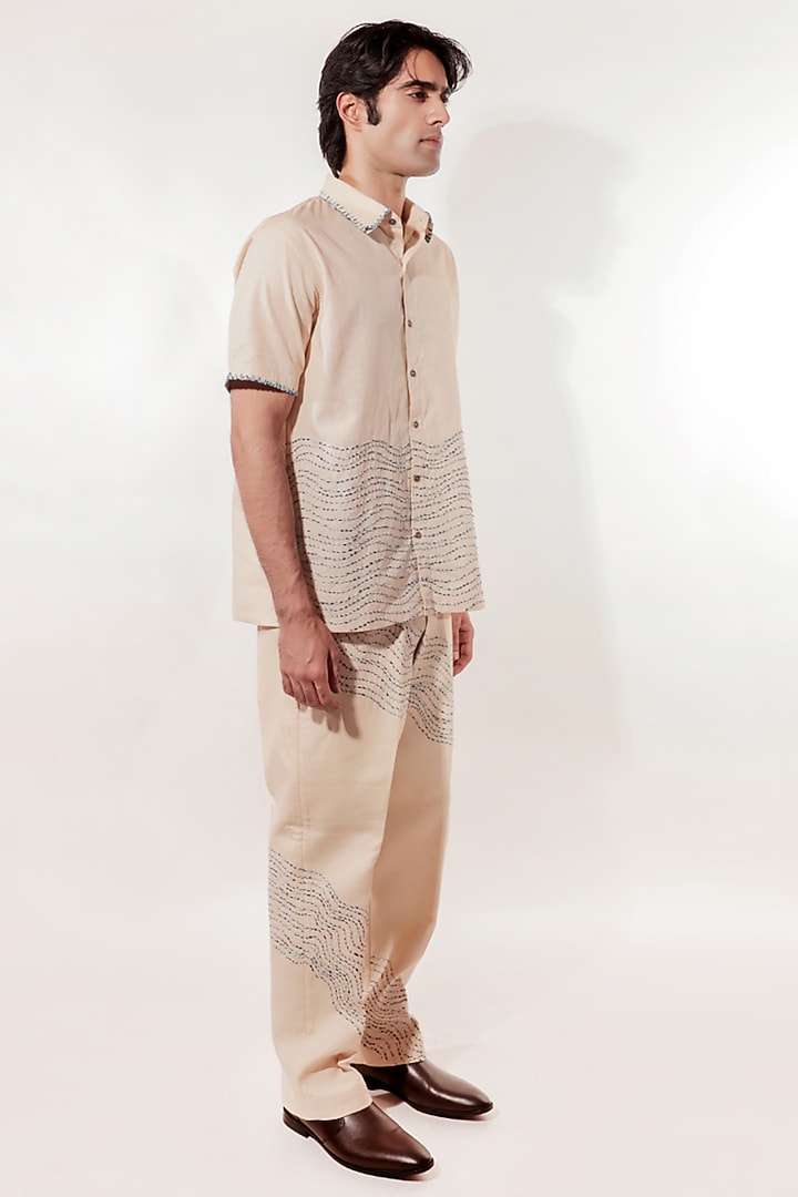 Cream Linen Hand Embroidered Wedding Shirt by Jubinav Chadha Men at Pernia's Pop Up Shop