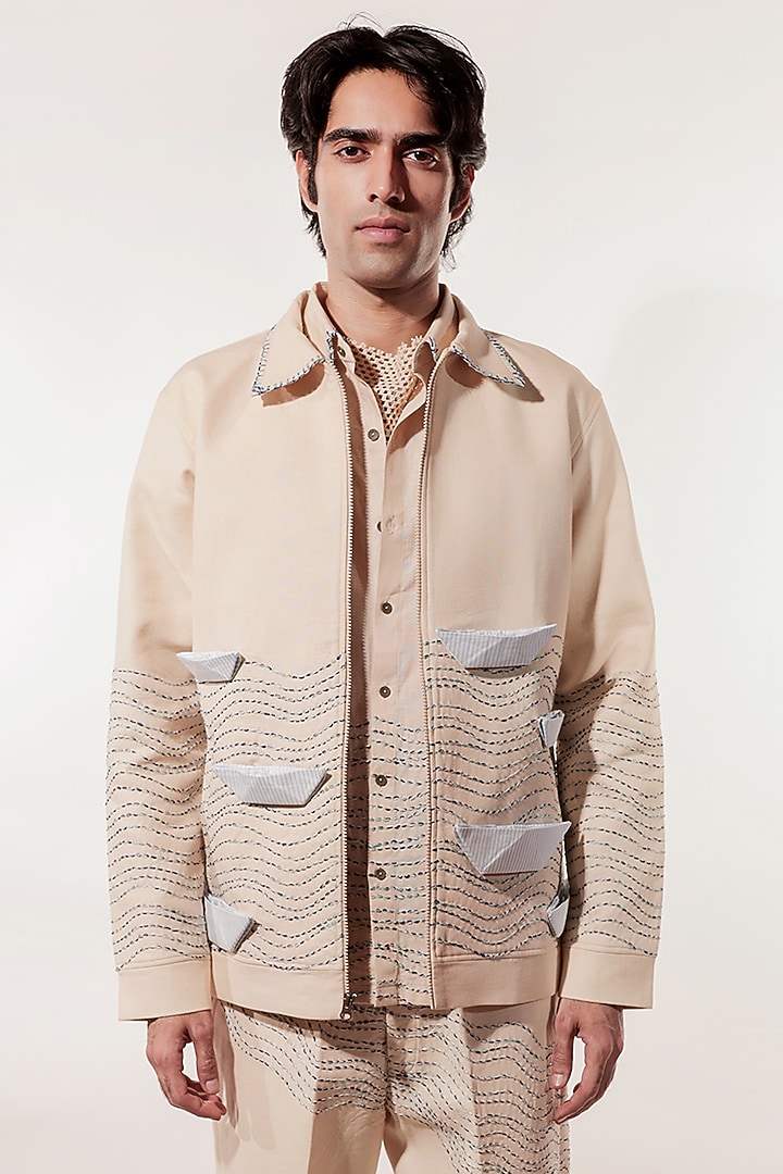 Cream Linen Hand Embroidered Jacket by Jubinav Chadha Men
