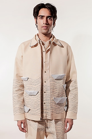 Cream Linen Hand Embroidered Jacket by Jubinav Chadha Men