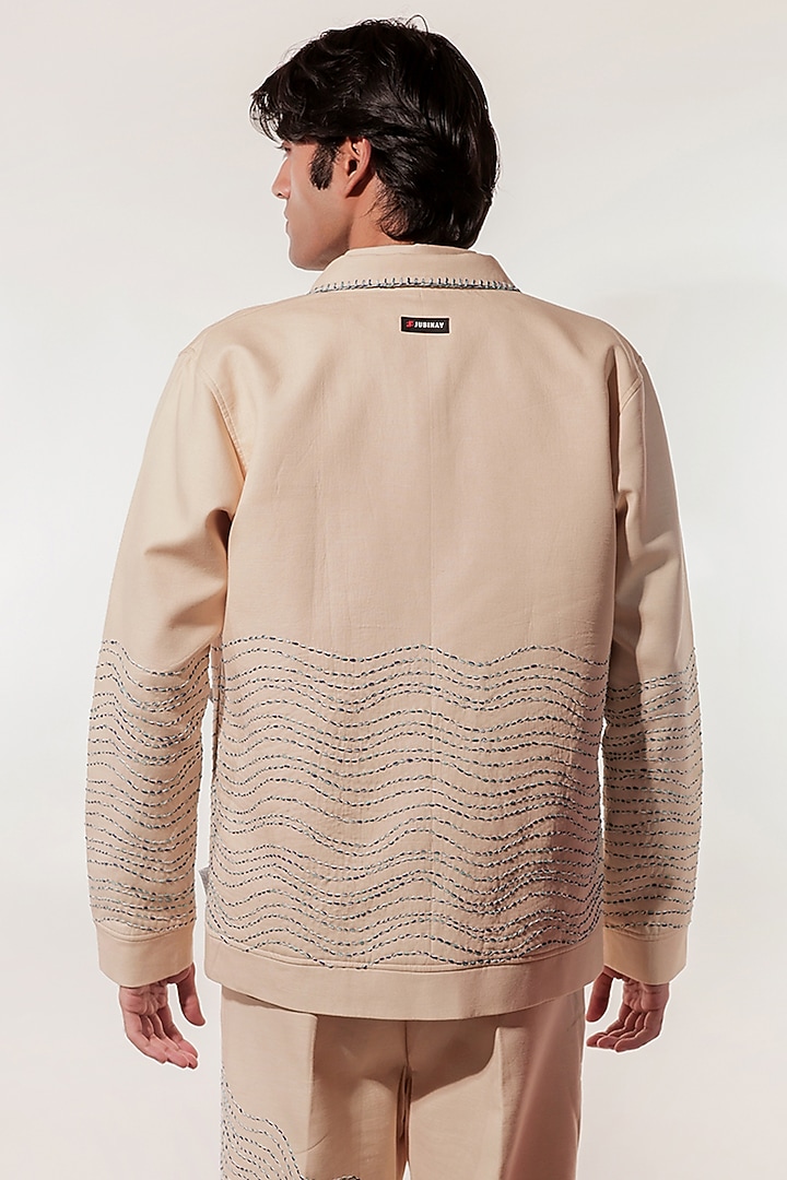 Cream Linen Hand Embroidered Jacket by Jubinav Chadha Men at Pernia's Pop Up Shop