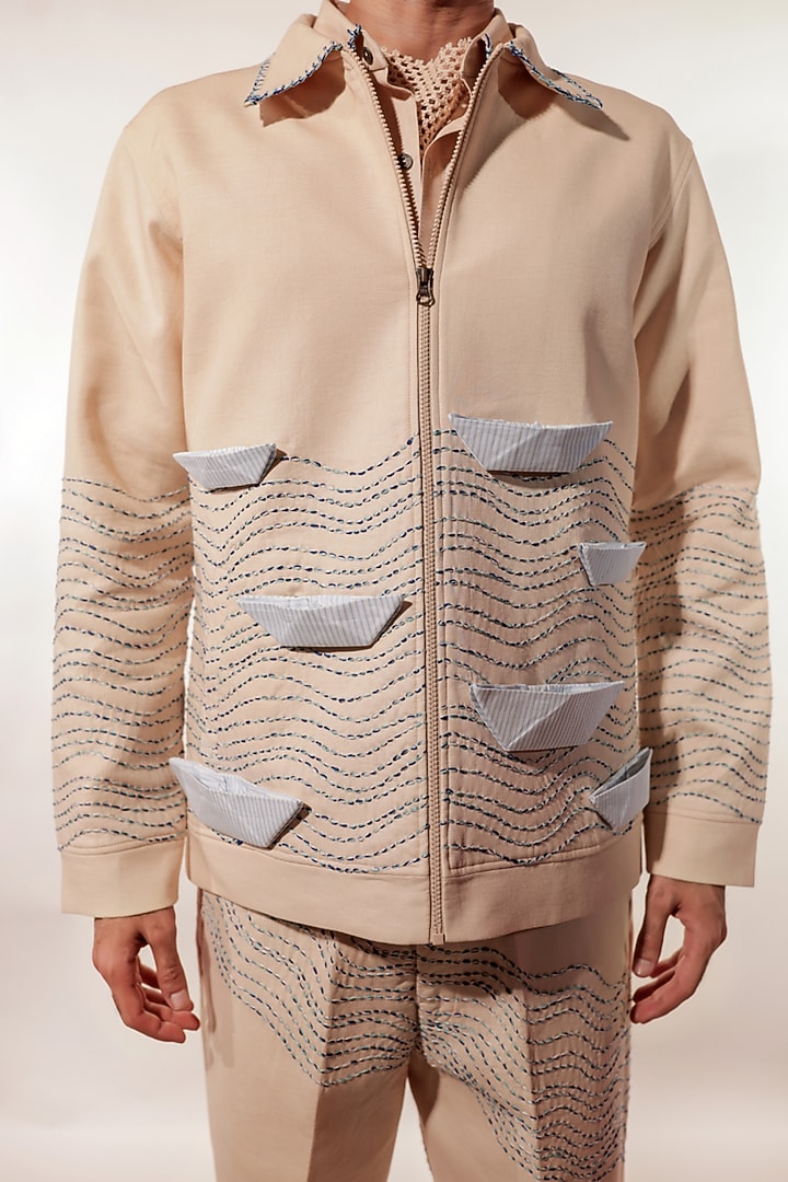 Cream Linen Hand Embroidered Jacket by Jubinav Chadha Men at Pernia's Pop Up Shop