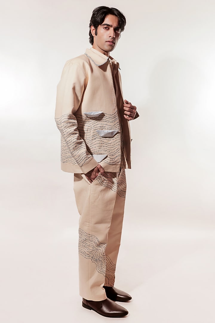 Cream Linen Hand Embroidered Jacket by Jubinav Chadha Men at Pernia's Pop Up Shop