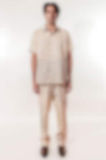 Cream Linen Hand Embroidered Pants by Jubinav Chadha Men