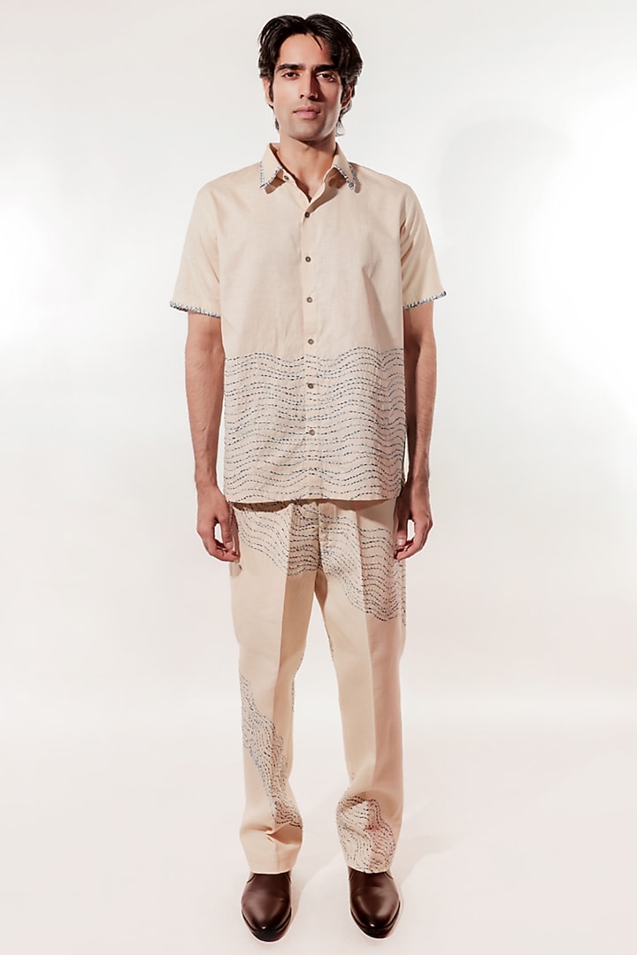 Cream Linen Hand Embroidered Pants by Jubinav Chadha Men