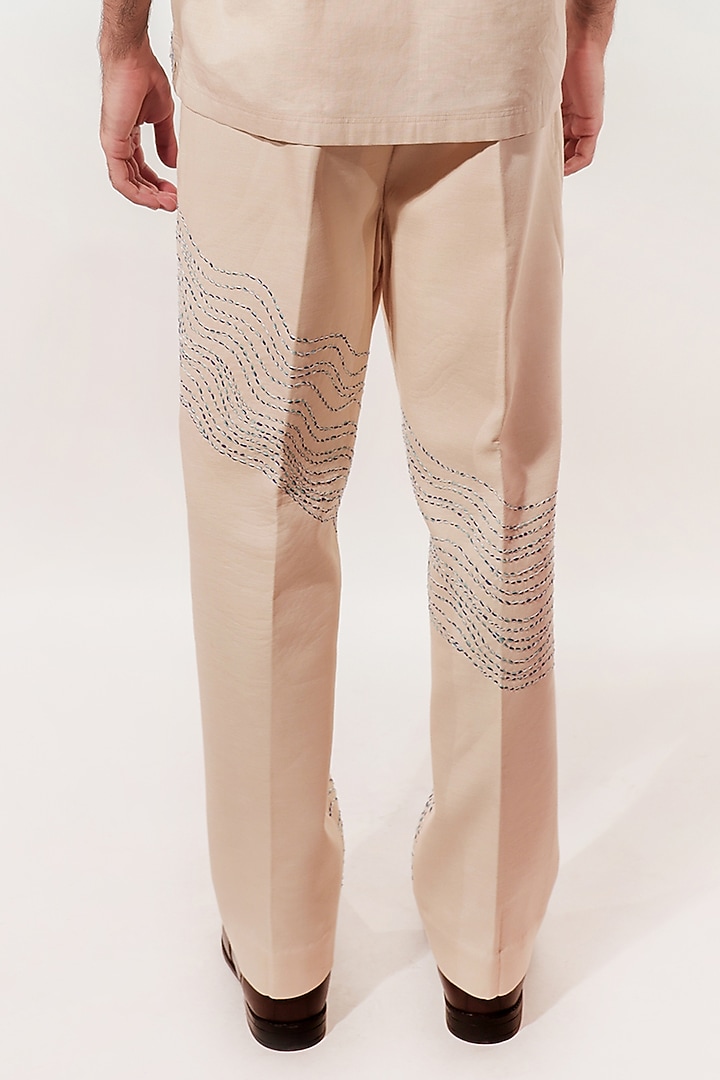 Cream Linen Hand Embroidered Pants by Jubinav Chadha Men at Pernia's Pop Up Shop