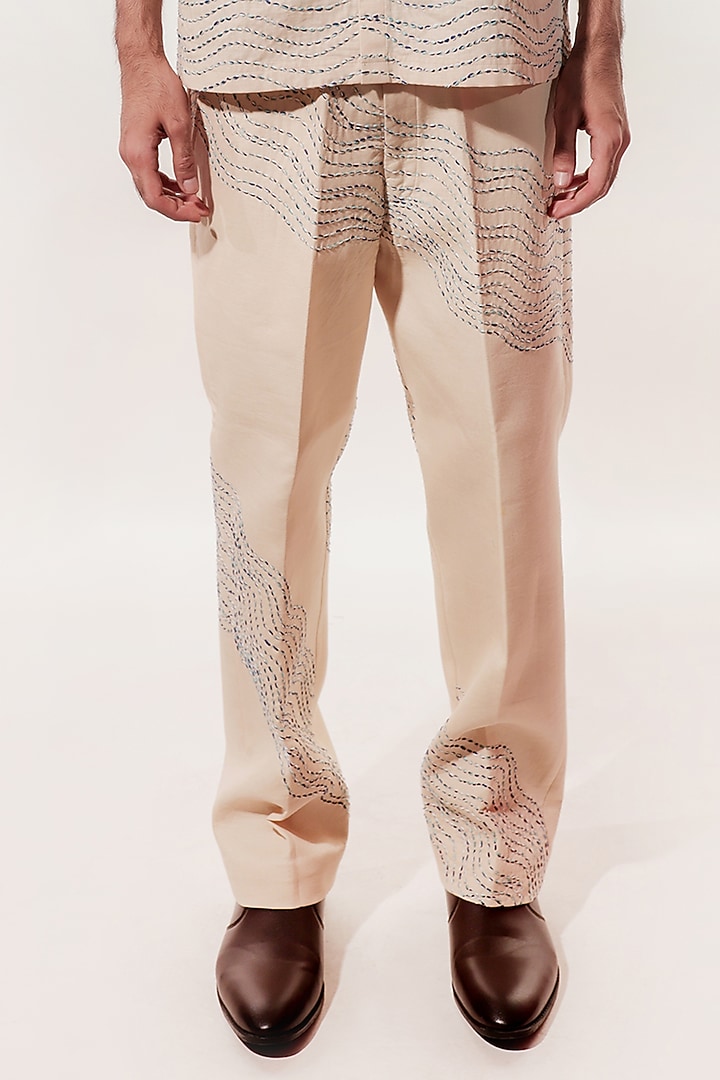 Cream Linen Hand Embroidered Pants by Jubinav Chadha Men at Pernia's Pop Up Shop