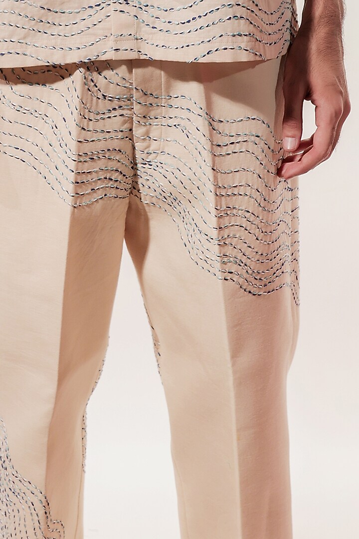 Cream Linen Hand Embroidered Pants by Jubinav Chadha Men at Pernia's Pop Up Shop